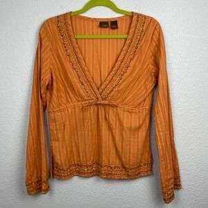 Daytrip Buckle Blouse Women Large Orange Brown Embroidered Beaded Boho Tie Waist